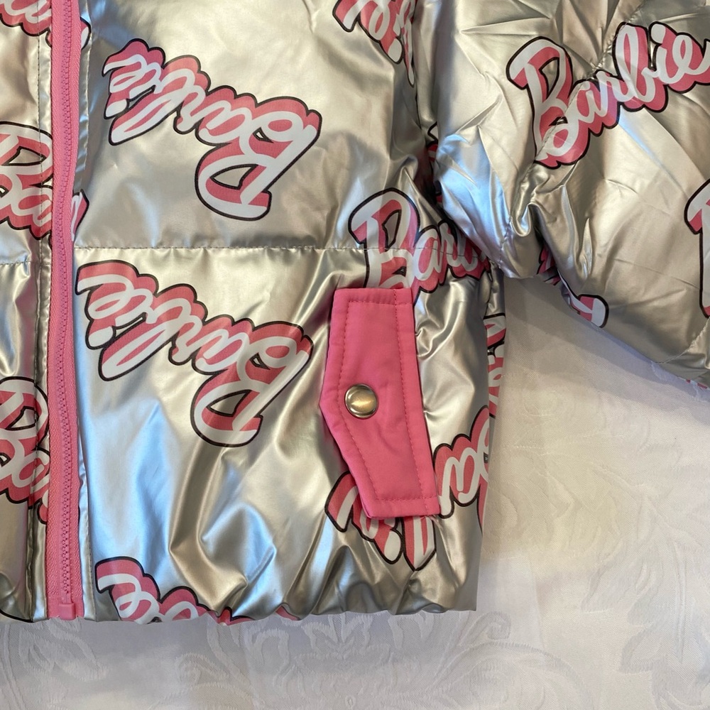 Barbie Girl 1pc Logo Pattern Long-sleeve Crop Puffer Jacket Silver and Pink - Picture 11 of 12